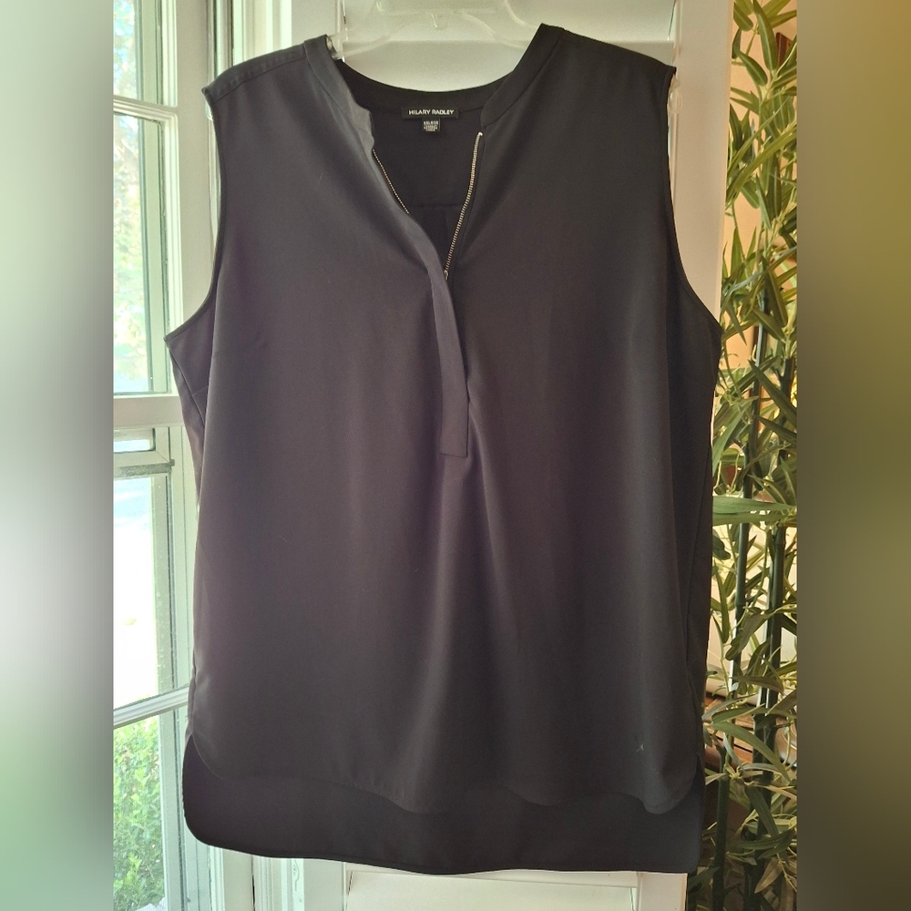 Hilary Radley Black Sleeveless Mandarin Collar Blouse with Front Zipper